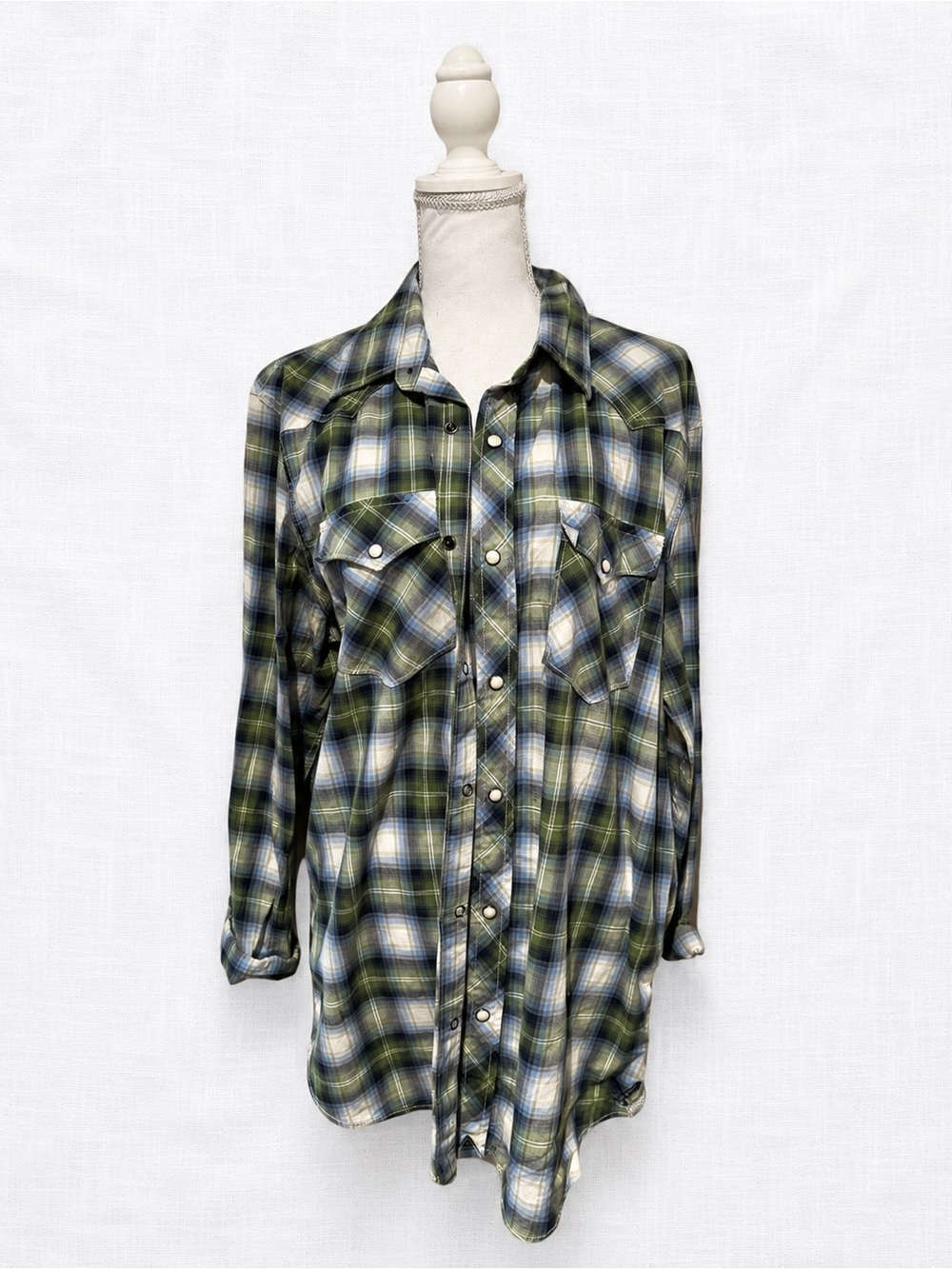 American Eagle Outfitters Green and Blue Plaid Snap Shirt